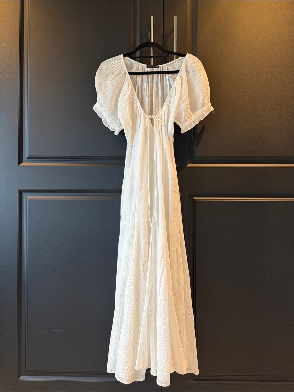 Zara White Maxi Dress with Puff Sleeves and V-Neck Tie